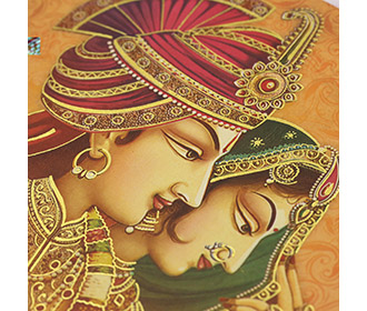 Royal couple themed Indian wedding invite in light orange colour